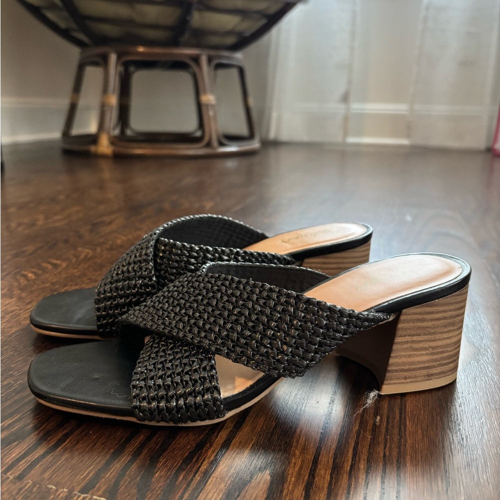 Old Navy Black and Brown Mules with Woven Strap